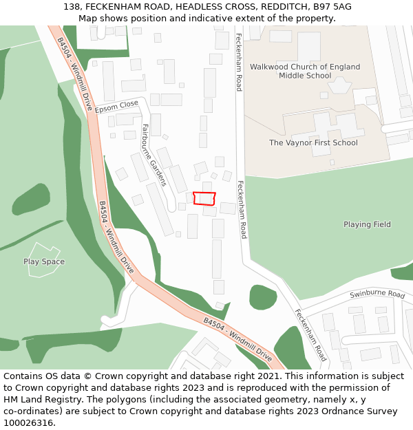 138, FECKENHAM ROAD, HEADLESS CROSS, REDDITCH, B97 5AG: Location map and indicative extent of plot