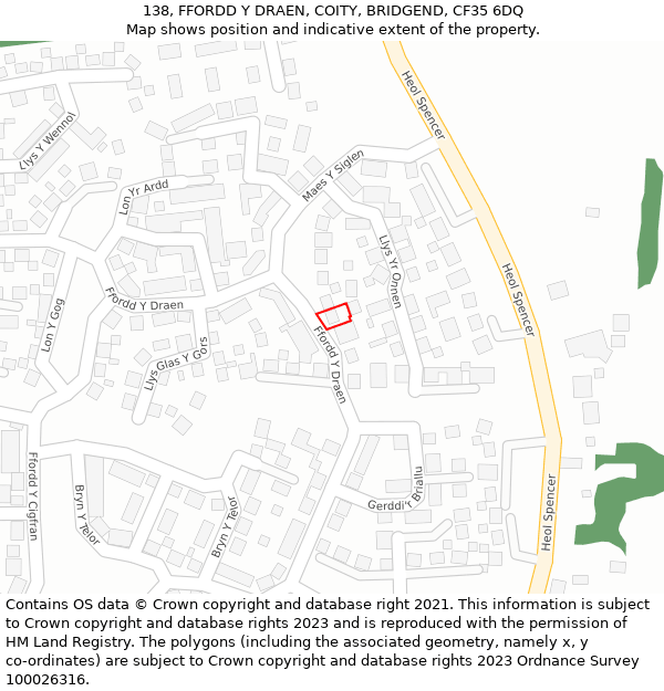 138, FFORDD Y DRAEN, COITY, BRIDGEND, CF35 6DQ: Location map and indicative extent of plot