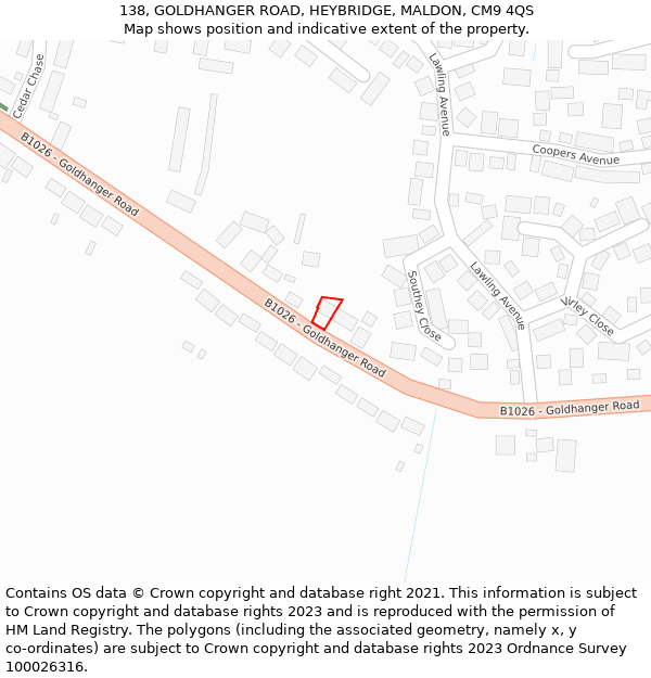 138, GOLDHANGER ROAD, HEYBRIDGE, MALDON, CM9 4QS: Location map and indicative extent of plot