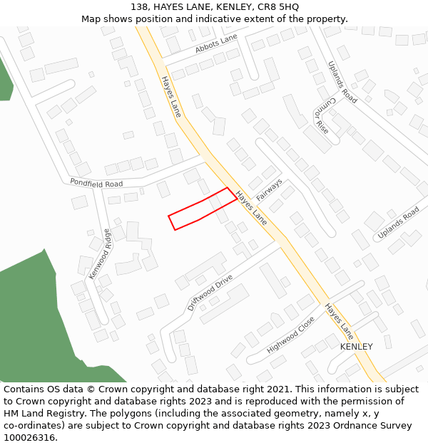 138, HAYES LANE, KENLEY, CR8 5HQ: Location map and indicative extent of plot