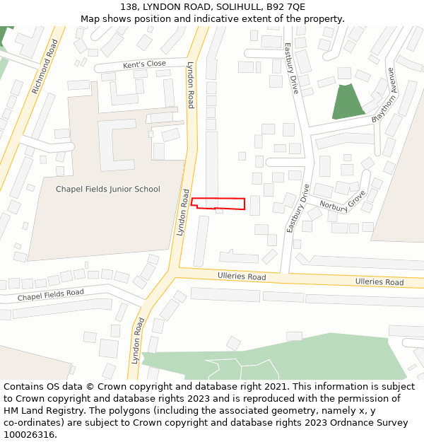 138, LYNDON ROAD, SOLIHULL, B92 7QE: Location map and indicative extent of plot