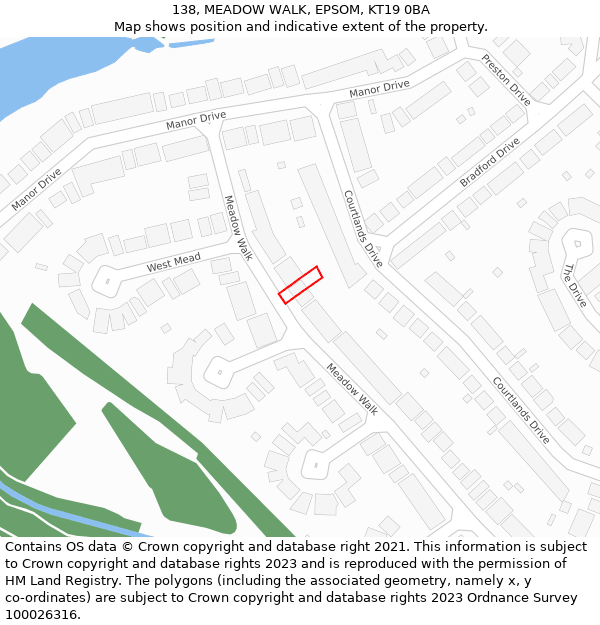 138, MEADOW WALK, EPSOM, KT19 0BA: Location map and indicative extent of plot