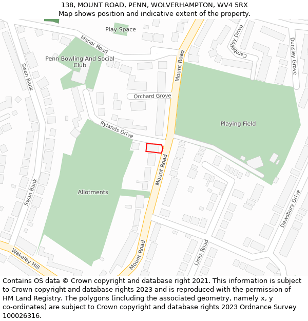 138, MOUNT ROAD, PENN, WOLVERHAMPTON, WV4 5RX: Location map and indicative extent of plot
