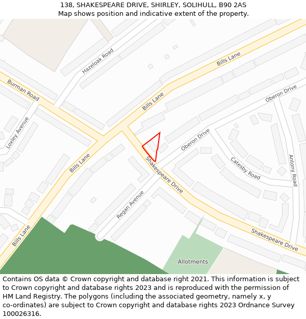 138, SHAKESPEARE DRIVE, SHIRLEY, SOLIHULL, B90 2AS: Location map and indicative extent of plot