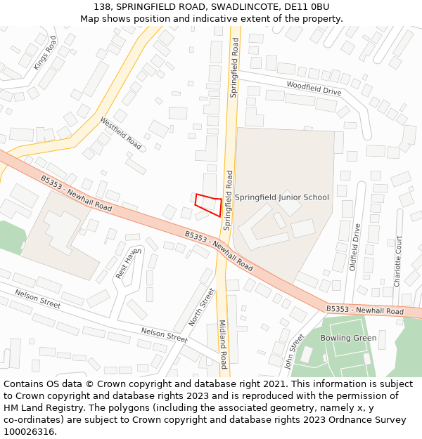 138, SPRINGFIELD ROAD, SWADLINCOTE, DE11 0BU: Location map and indicative extent of plot