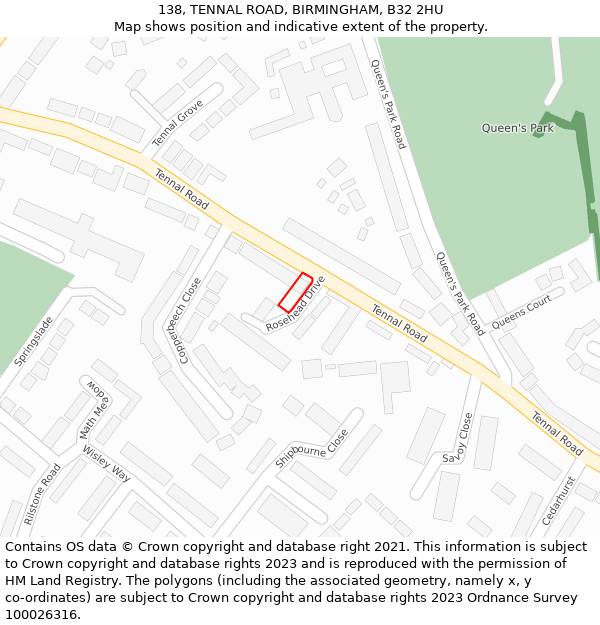 138, TENNAL ROAD, BIRMINGHAM, B32 2HU: Location map and indicative extent of plot