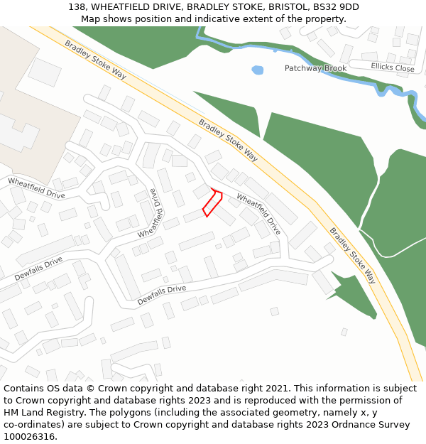 138, WHEATFIELD DRIVE, BRADLEY STOKE, BRISTOL, BS32 9DD: Location map and indicative extent of plot