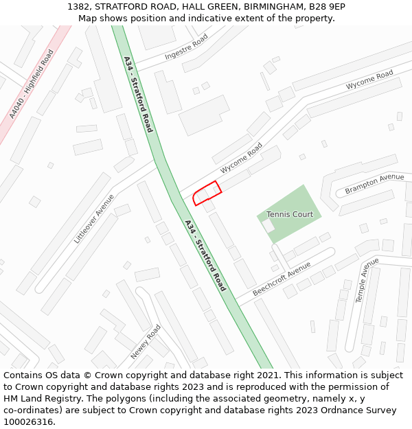 1382, STRATFORD ROAD, HALL GREEN, BIRMINGHAM, B28 9EP: Location map and indicative extent of plot