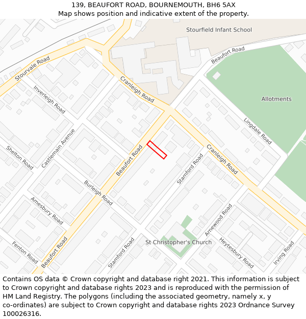 139, BEAUFORT ROAD, BOURNEMOUTH, BH6 5AX: Location map and indicative extent of plot