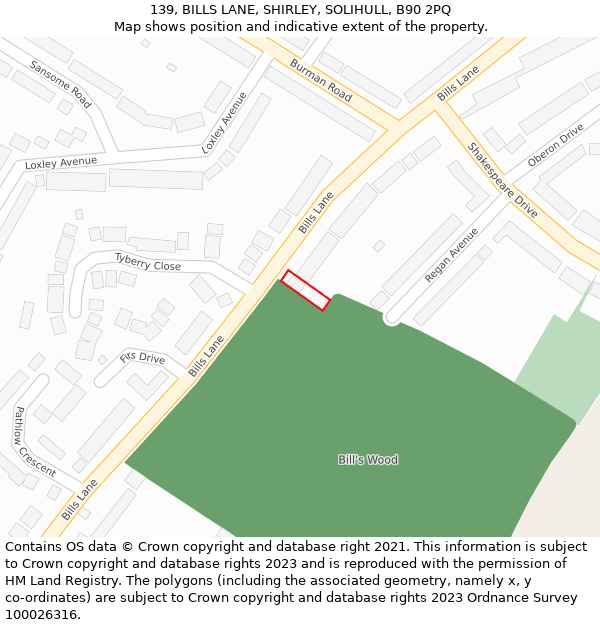 139, BILLS LANE, SHIRLEY, SOLIHULL, B90 2PQ: Location map and indicative extent of plot