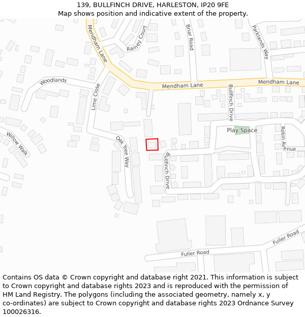 139, BULLFINCH DRIVE, HARLESTON, IP20 9FE: Location map and indicative extent of plot