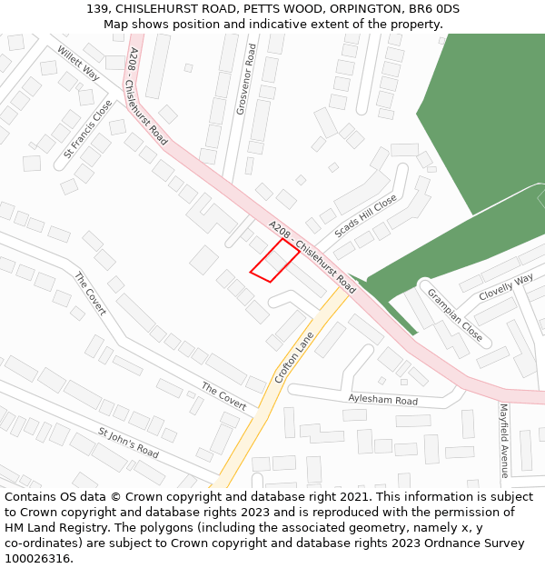 139, CHISLEHURST ROAD, PETTS WOOD, ORPINGTON, BR6 0DS: Location map and indicative extent of plot