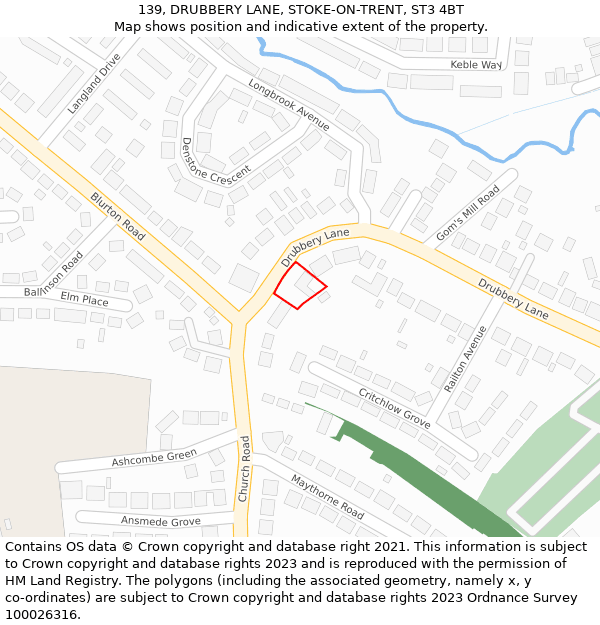 139, DRUBBERY LANE, STOKE-ON-TRENT, ST3 4BT: Location map and indicative extent of plot