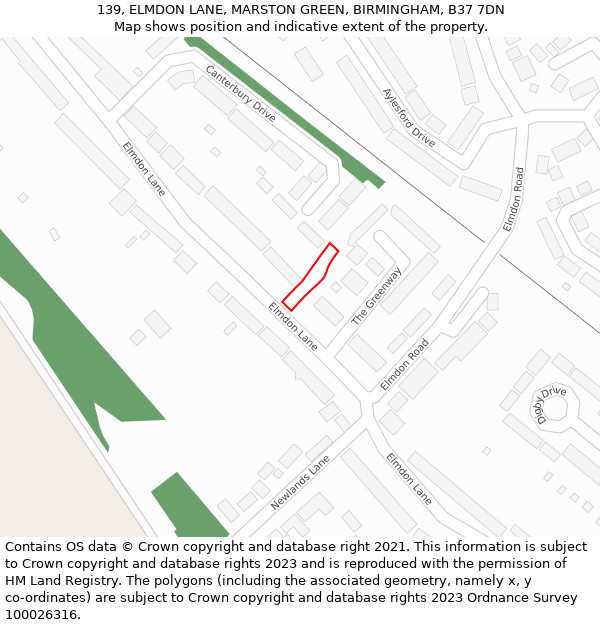 139, ELMDON LANE, MARSTON GREEN, BIRMINGHAM, B37 7DN: Location map and indicative extent of plot