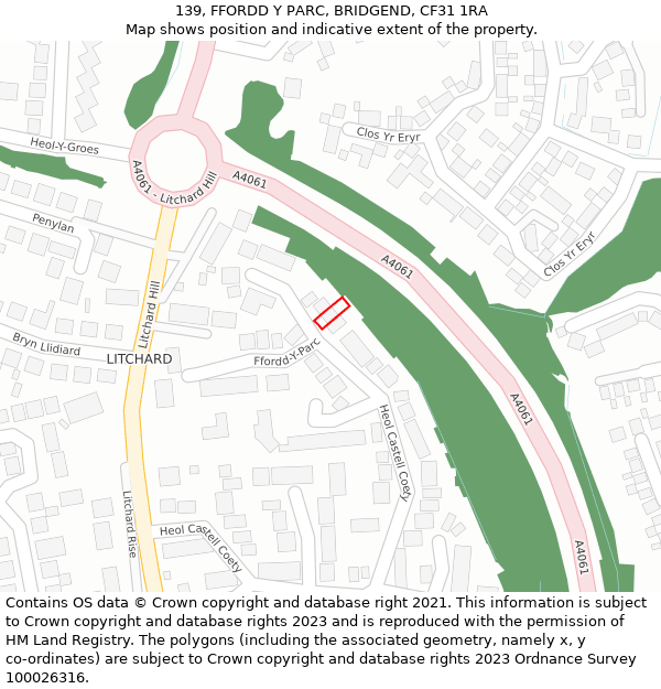 139, FFORDD Y PARC, BRIDGEND, CF31 1RA: Location map and indicative extent of plot