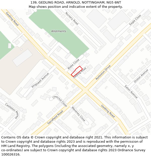 139, GEDLING ROAD, ARNOLD, NOTTINGHAM, NG5 6NT: Location map and indicative extent of plot