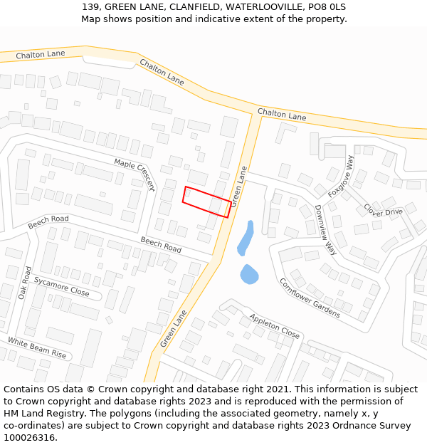 139, GREEN LANE, CLANFIELD, WATERLOOVILLE, PO8 0LS: Location map and indicative extent of plot