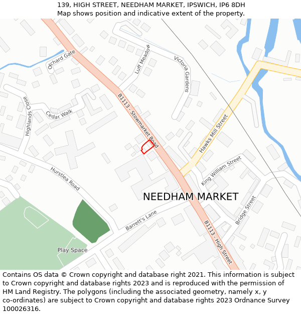 139, HIGH STREET, NEEDHAM MARKET, IPSWICH, IP6 8DH: Location map and indicative extent of plot