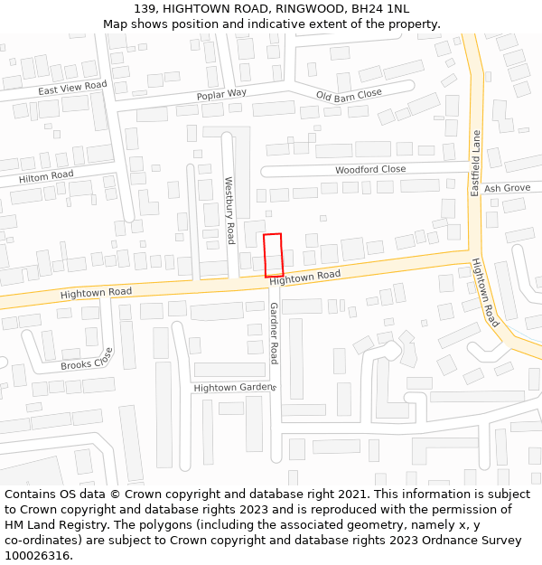 139, HIGHTOWN ROAD, RINGWOOD, BH24 1NL: Location map and indicative extent of plot