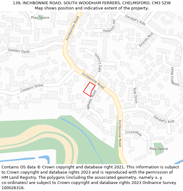 139, INCHBONNIE ROAD, SOUTH WOODHAM FERRERS, CHELMSFORD, CM3 5ZW: Location map and indicative extent of plot