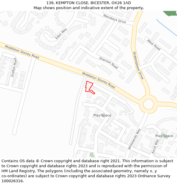 139, KEMPTON CLOSE, BICESTER, OX26 1AD: Location map and indicative extent of plot