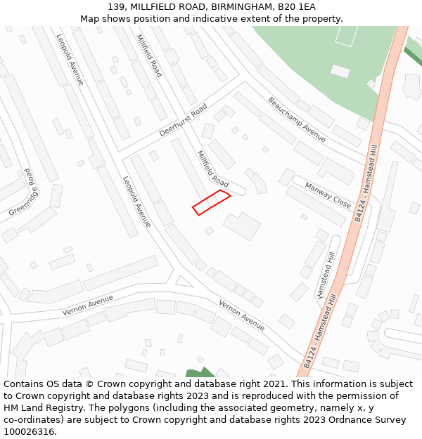 139, MILLFIELD ROAD, BIRMINGHAM, B20 1EA: Location map and indicative extent of plot