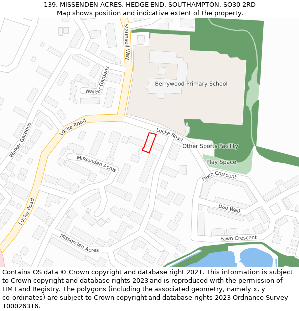 139, MISSENDEN ACRES, HEDGE END, SOUTHAMPTON, SO30 2RD: Location map and indicative extent of plot