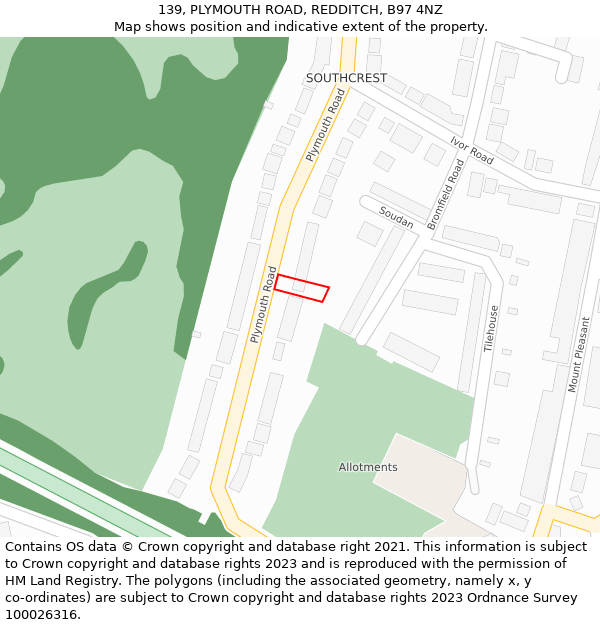 139, PLYMOUTH ROAD, REDDITCH, B97 4NZ: Location map and indicative extent of plot