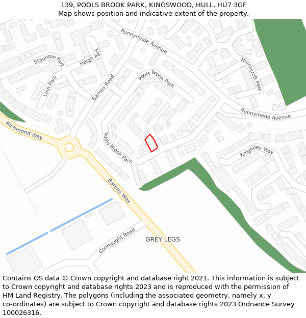 139, POOLS BROOK PARK, KINGSWOOD, HULL, HU7 3GF: Location map and indicative extent of plot