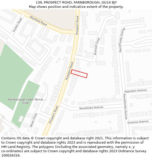 139, PROSPECT ROAD, FARNBOROUGH, GU14 8JY: Location map and indicative extent of plot