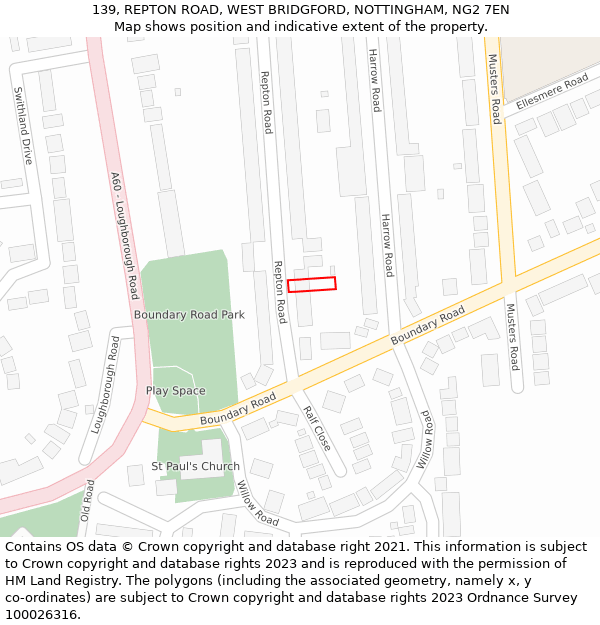 139, REPTON ROAD, WEST BRIDGFORD, NOTTINGHAM, NG2 7EN: Location map and indicative extent of plot