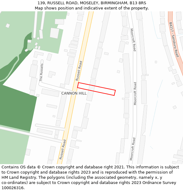 139, RUSSELL ROAD, MOSELEY, BIRMINGHAM, B13 8RS: Location map and indicative extent of plot