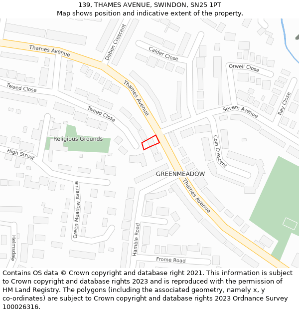 139, THAMES AVENUE, SWINDON, SN25 1PT: Location map and indicative extent of plot