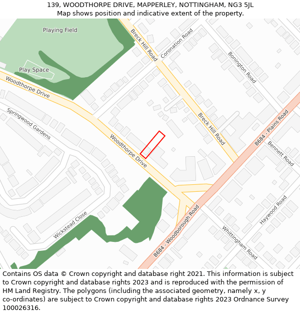 139, WOODTHORPE DRIVE, MAPPERLEY, NOTTINGHAM, NG3 5JL: Location map and indicative extent of plot