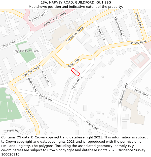 13A, HARVEY ROAD, GUILDFORD, GU1 3SG: Location map and indicative extent of plot