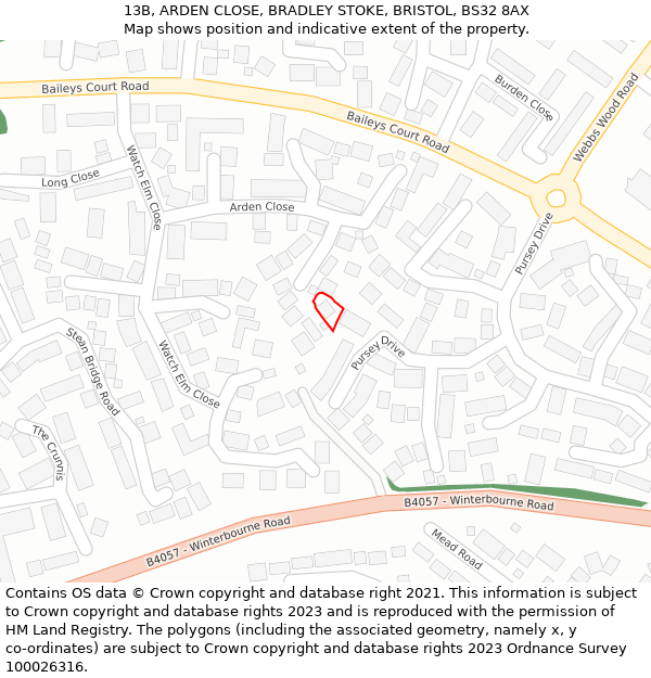 13B, ARDEN CLOSE, BRADLEY STOKE, BRISTOL, BS32 8AX: Location map and indicative extent of plot