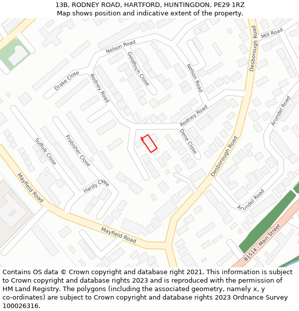 13B, RODNEY ROAD, HARTFORD, HUNTINGDON, PE29 1RZ: Location map and indicative extent of plot