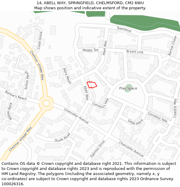 14, ABELL WAY, SPRINGFIELD, CHELMSFORD, CM2 6WU: Location map and indicative extent of plot