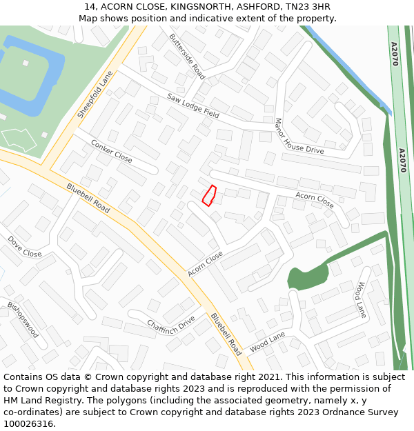 14, ACORN CLOSE, KINGSNORTH, ASHFORD, TN23 3HR: Location map and indicative extent of plot