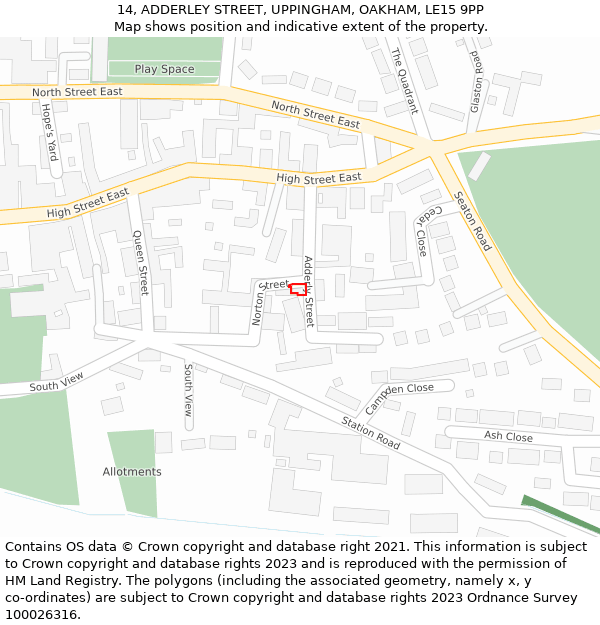 14, ADDERLEY STREET, UPPINGHAM, OAKHAM, LE15 9PP: Location map and indicative extent of plot