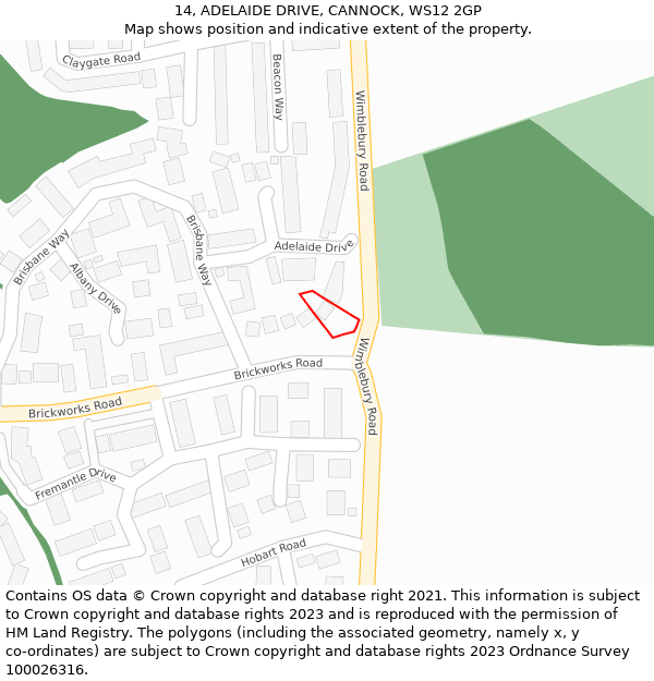 14, ADELAIDE DRIVE, CANNOCK, WS12 2GP: Location map and indicative extent of plot