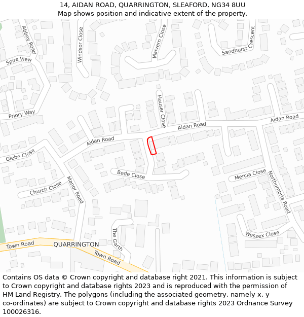 14, AIDAN ROAD, QUARRINGTON, SLEAFORD, NG34 8UU: Location map and indicative extent of plot