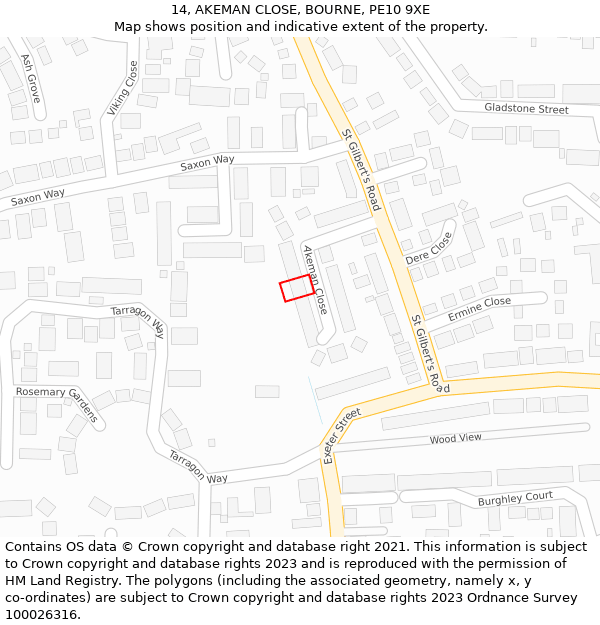 14, AKEMAN CLOSE, BOURNE, PE10 9XE: Location map and indicative extent of plot