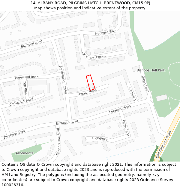 14, ALBANY ROAD, PILGRIMS HATCH, BRENTWOOD, CM15 9PJ: Location map and indicative extent of plot