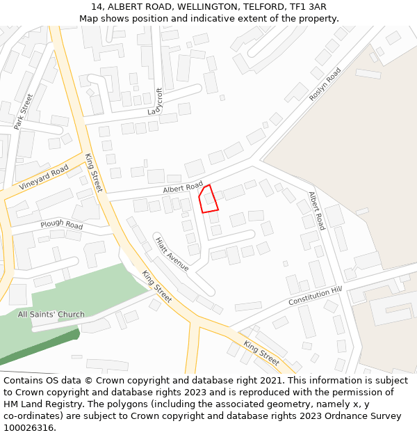 14, ALBERT ROAD, WELLINGTON, TELFORD, TF1 3AR: Location map and indicative extent of plot