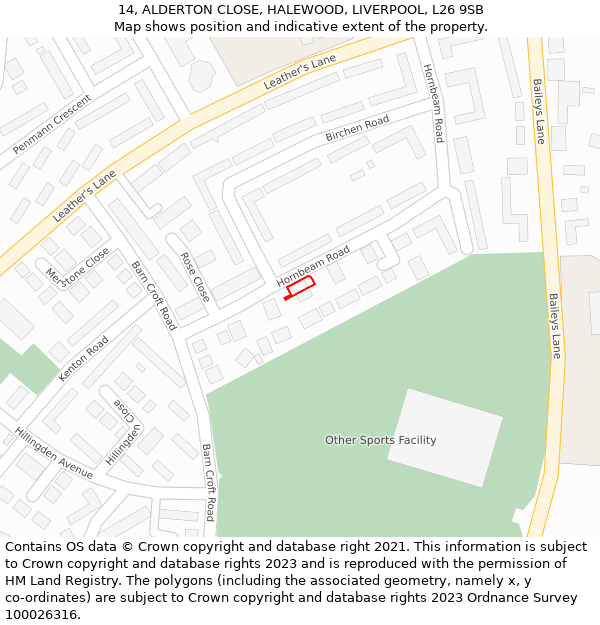 14, ALDERTON CLOSE, HALEWOOD, LIVERPOOL, L26 9SB: Location map and indicative extent of plot