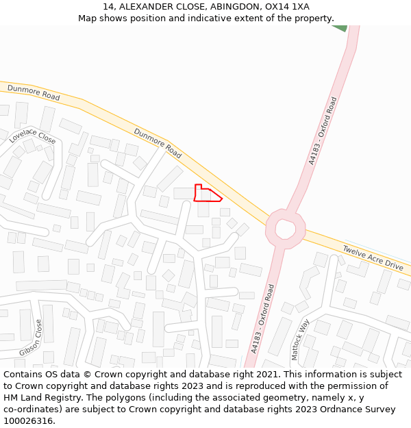 14, ALEXANDER CLOSE, ABINGDON, OX14 1XA: Location map and indicative extent of plot