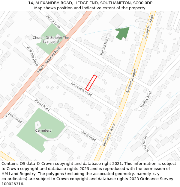 14, ALEXANDRA ROAD, HEDGE END, SOUTHAMPTON, SO30 0DP: Location map and indicative extent of plot