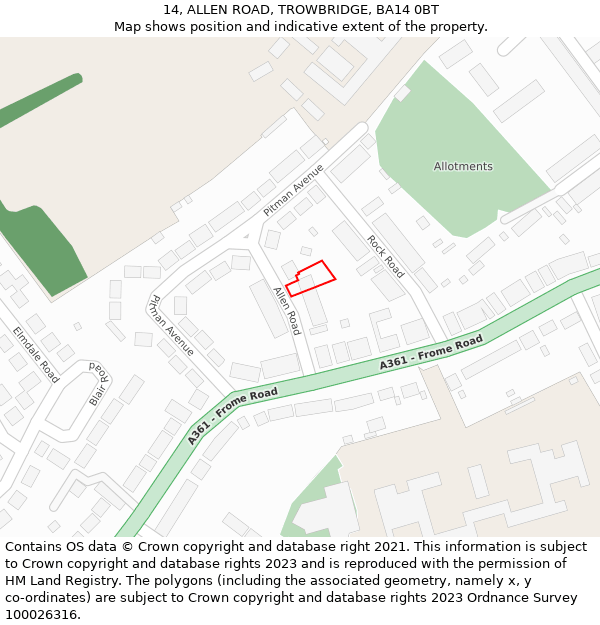 14, ALLEN ROAD, TROWBRIDGE, BA14 0BT: Location map and indicative extent of plot