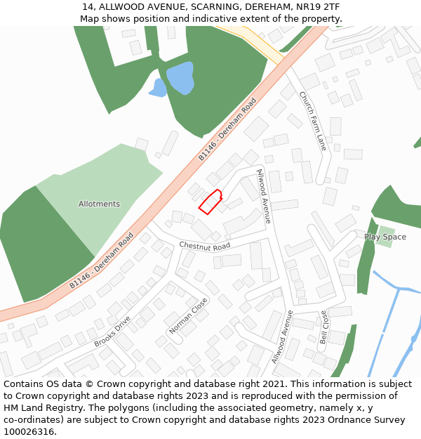 14, ALLWOOD AVENUE, SCARNING, DEREHAM, NR19 2TF: Location map and indicative extent of plot